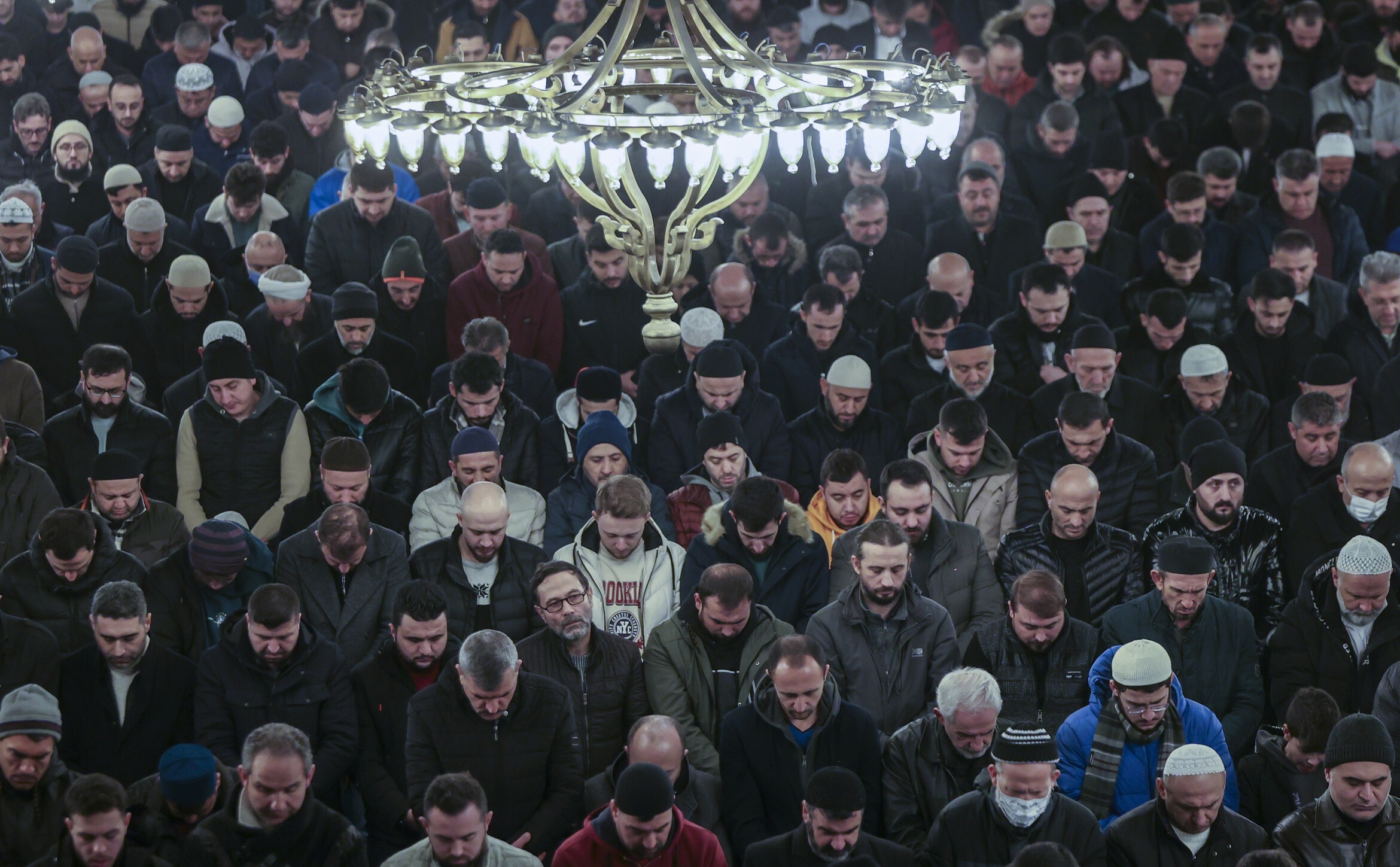 Muslims gather for morning prayer in Hagia Sophia Grand Mosque