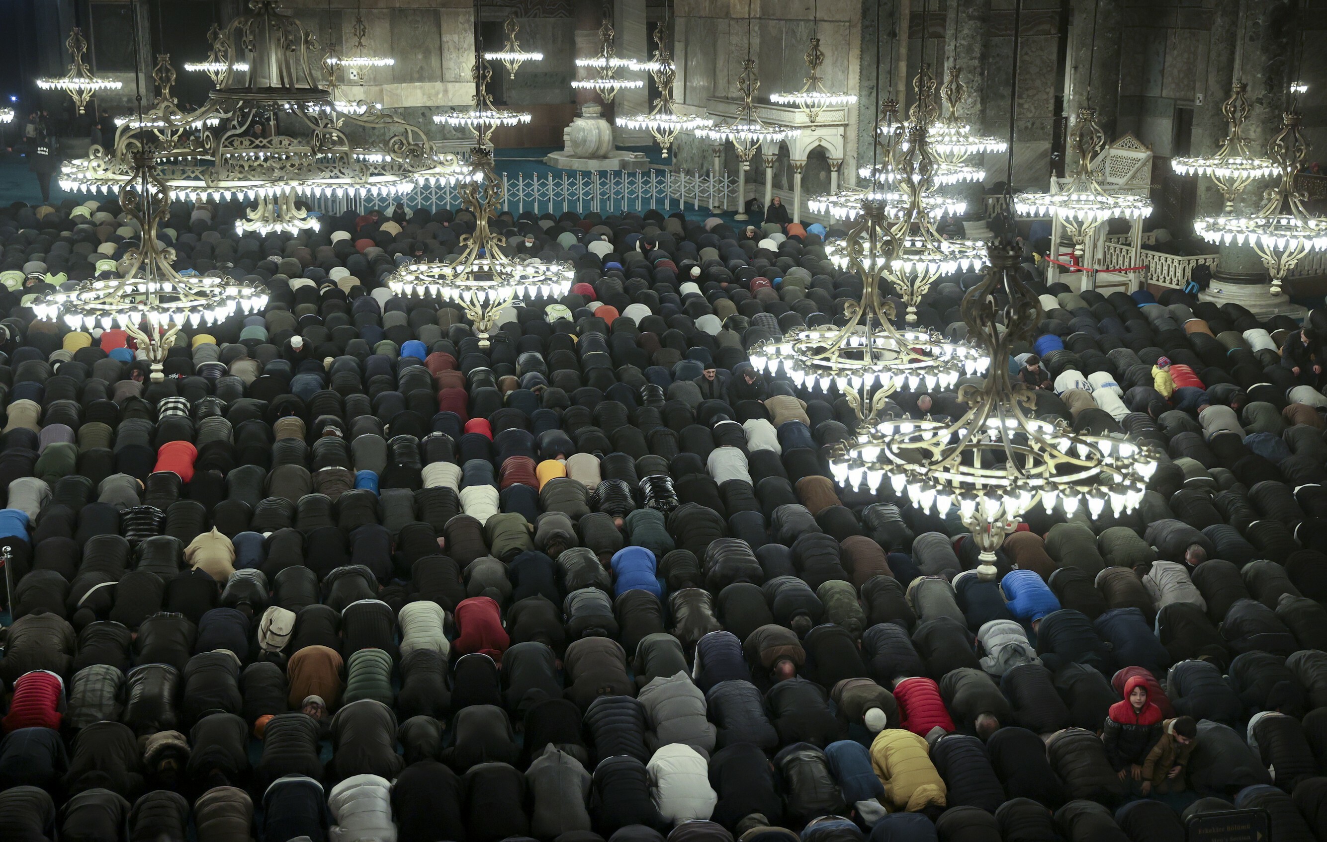 Muslims gather for morning prayer in Hagia Sophia Grand Mosque