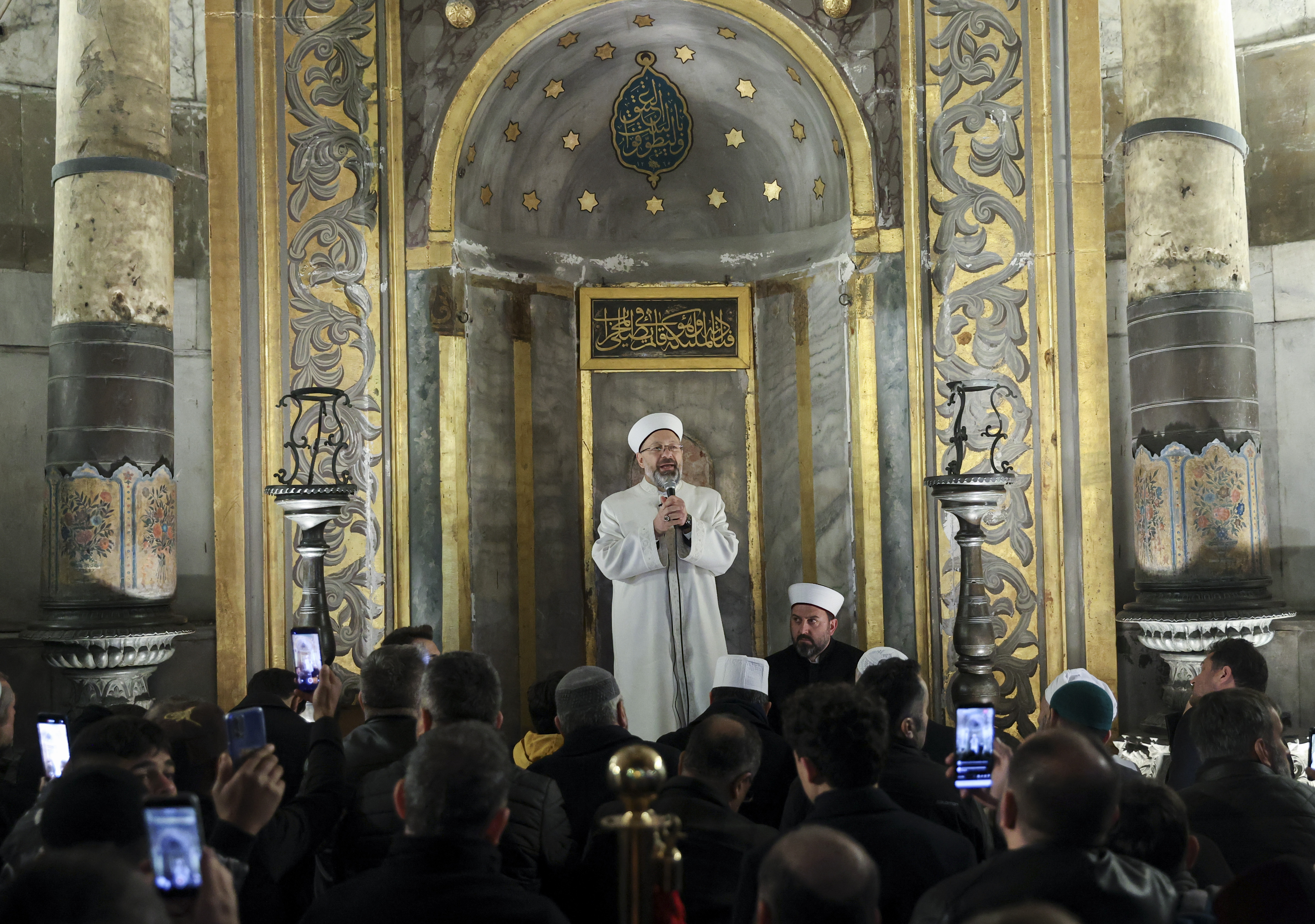 Muslims gather for morning prayer in Hagia Sophia Grand Mosque
