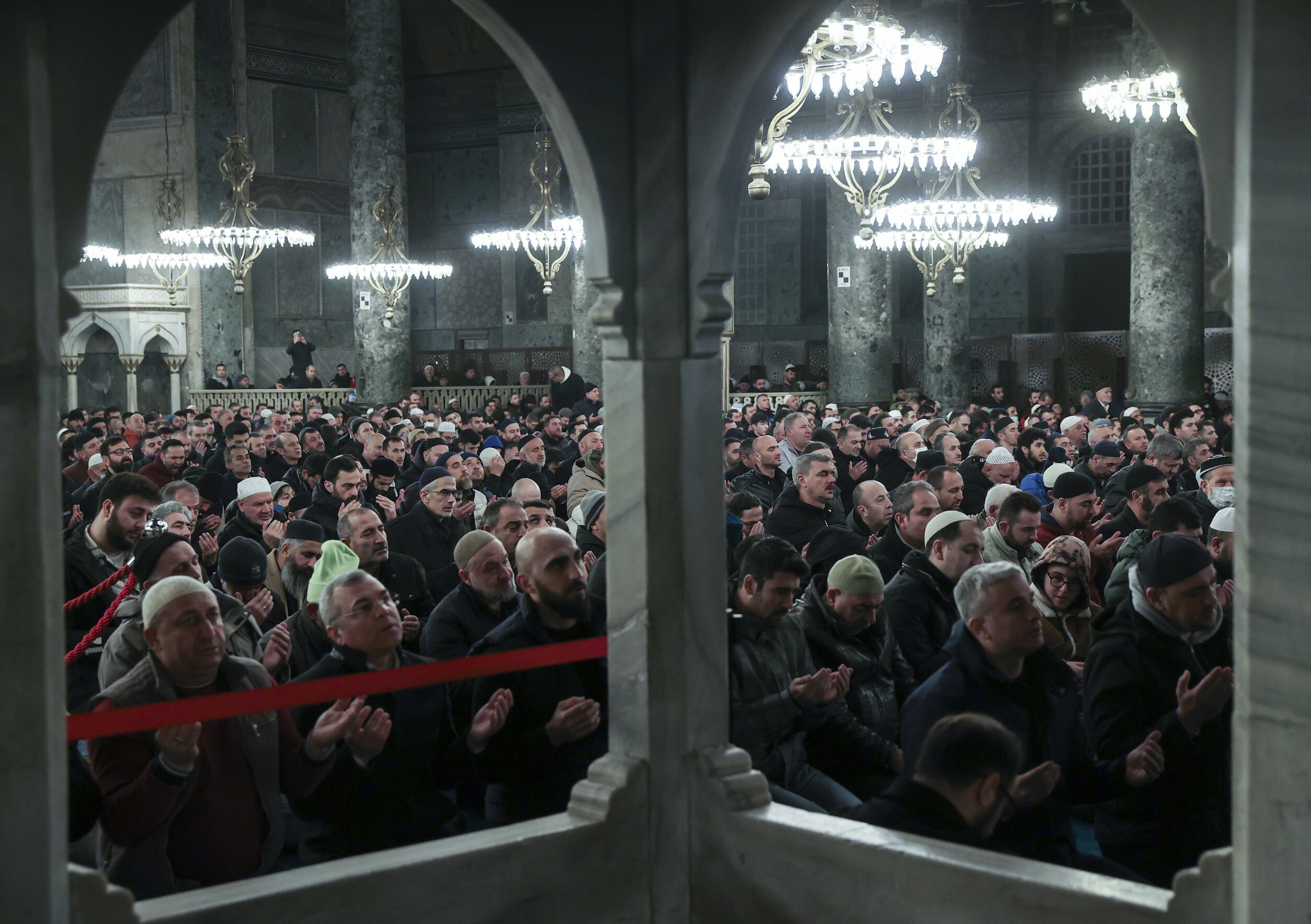 Muslims gather for morning prayer in Hagia Sophia Grand Mosque