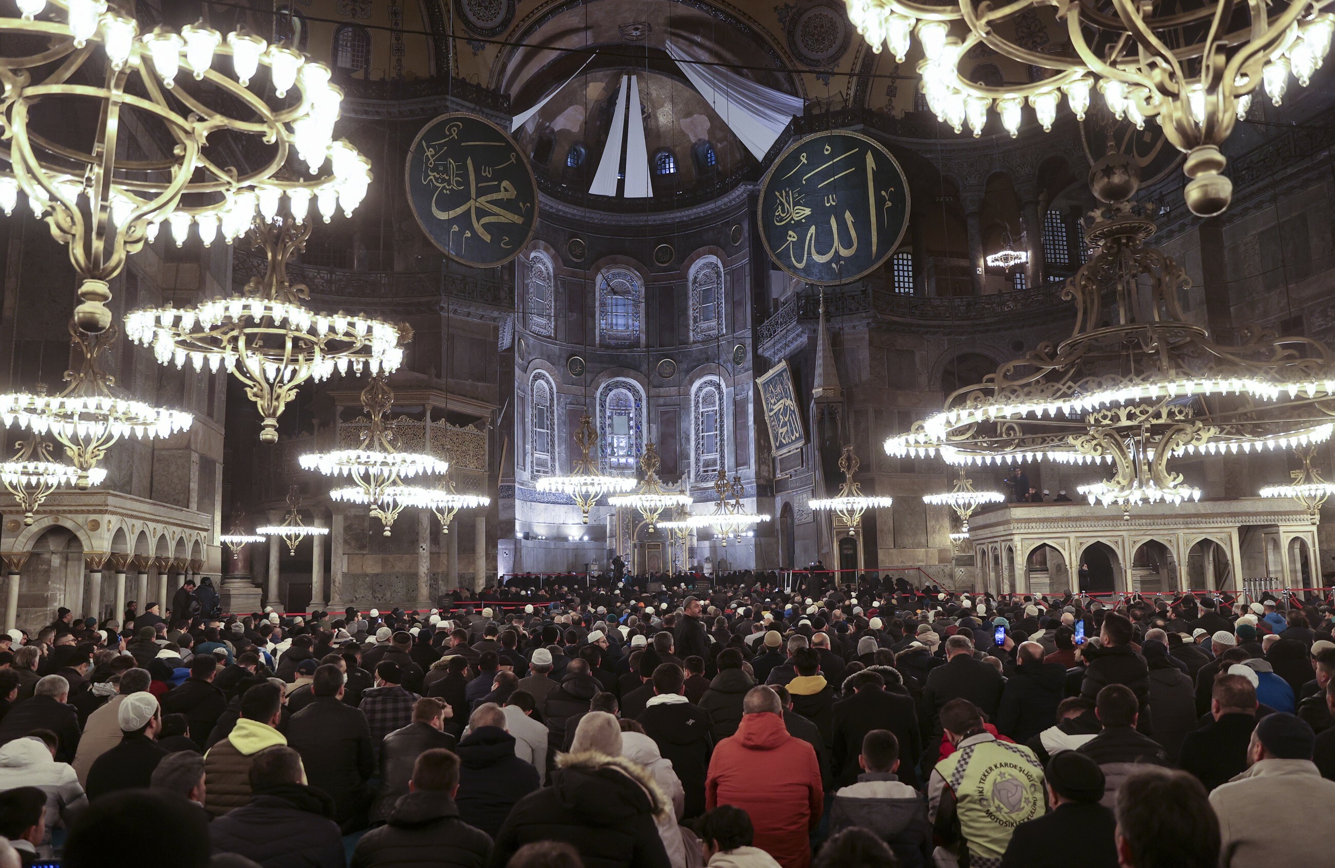 Muslims gather for morning prayer in Hagia Sophia Grand Mosque