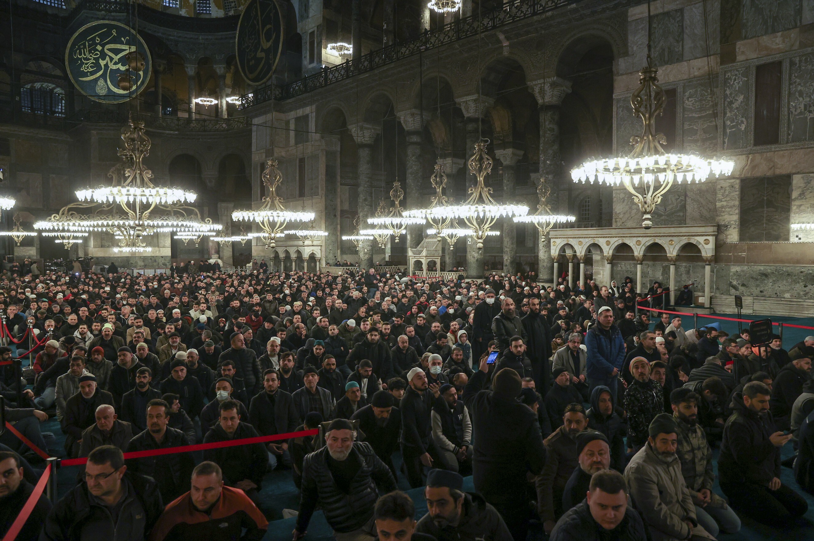Muslims gather for morning prayer in Hagia Sophia Grand Mosque