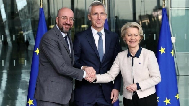 Le secrétaire général de l'Otan, Jens Stoltenberg, le président du Conseil européen, Charles Michel et la présidente de la Commission européenne, Ursula von der Leyen ont signé leur troisième déclaration commune. @AA