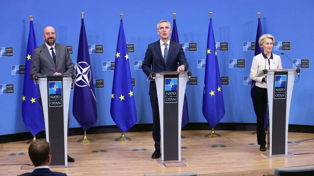 NATO Secretary General Jens Stoltenberg (C), European Commission President Ursula von der Leyen (R) and President of the European Council Charles Michel (L) hold a joint press conference after signing the joint declaration on EU-NATO cooperation in Brussels, Belgium on January 10, 2023.