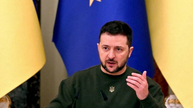 
Le président ukrainien Volodymyr Zelensky lors d’une conférence de presse à Kiev, le 19 janvier 2023. Crédit photo : SERGEI SUPINSKY / AFP



