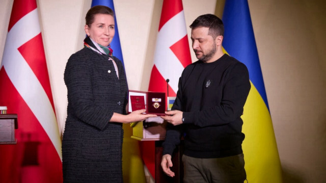 Ukrainian President Volodymyr Zelenskyy makes a speech as he holds a joint press conference with Danish Prime Minister Mette Frederiksen within Frederiksen's official visit in Odessa, Ukraine on January 30, 2023.