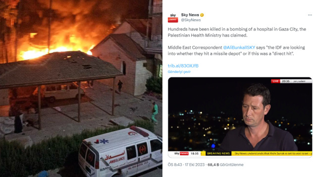 Sky News, hastane katliamı gerçekleştiren İsrail'in adını yazamadı.