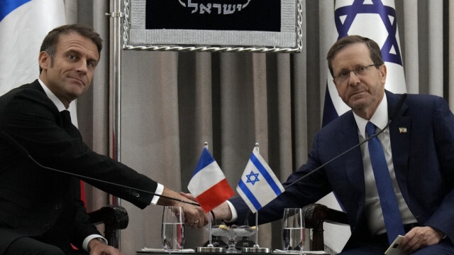 Emmanuel Macron et son homologue israélien, le 24 octobre 2023. Crédit photo: Christophe Ena / POOL / AFP