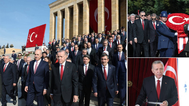 Cumhurbaşkanı Erdoğan başkanlığındaki devlet erkanı, 29 Ekim Cumhuriyet Bayramı ve Cumhuriyet'in ilanının 100'üncü yıl dönümü dolayısıyla Anıtkabir'i ziyaret etti.