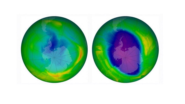 Combinaison de deux images montrant la couche d'ozone, publiées par l'Observatoire de la Terre de la NASA. Crédit photo: HANDOUT / NASA / AFP