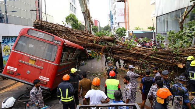 Le personnel d'urgence et de secours se rassemble à côté d'un bus écrasé par la chute d'un arbre à Colombo au Sri Lanka. Crédit photo: AFP