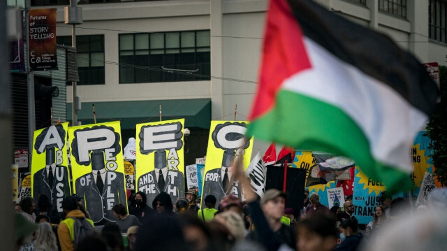 Manifestation contre l'APEC à San Francisco, le 12 novembre 2023, aux couleurs de la Palestine. Crédit photo: Kent Nishimura / GETTY IMAGES NORTH AMERICA / Getty Images via AFP