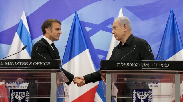 Le président français, Emmanuel Macron et le Premier ministre israélien, Benyamin Netanyahou lors d'une conférence de presse en Israël,  le 24 octobre 2023. Crédit photo: CHRISTOPHE ENA / POOL / AFP
