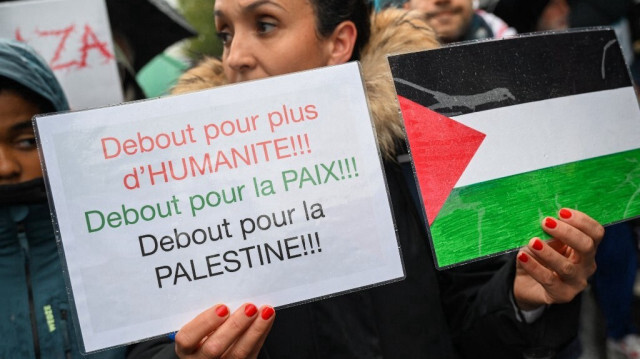 Manifestation en faveur d'un cessez-le-feu immédiat à Gaza organisée par les syndicats français CGT, Solidaires et FSU à Paris, en France, le 18 novembre 2023. Crédit photo: BERTRAND GUAY / AFP
