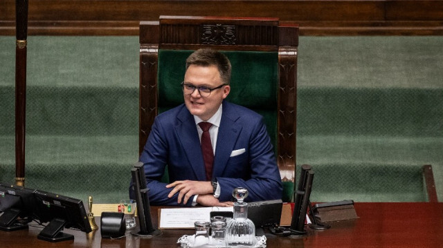 Szymon Holownia, nommé président du Parlement et membre du parti de la troisième voie, s'adresse à la session d'inauguration du Parlement polonais à Varsovie, le 13 novembre 2023.