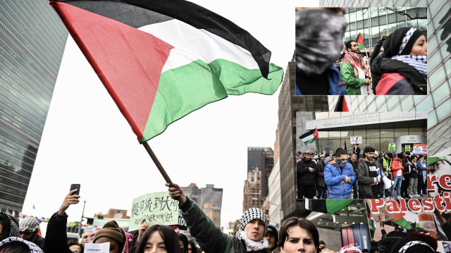 <p>Göstericiler, New York'ta, BM binasının karşısındaki ABD misyonu önünde bir araya geldi.</p>