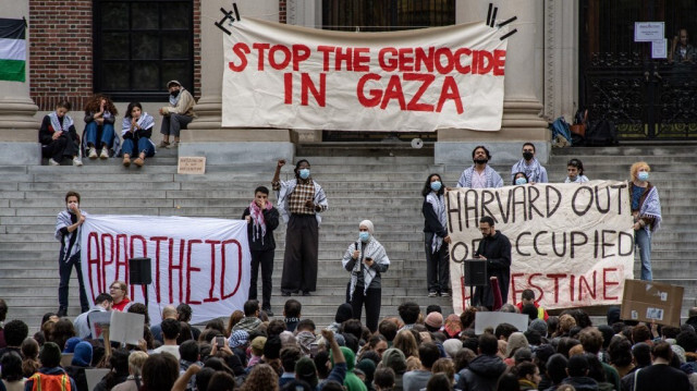 Des étudiants rassemblés à l'université de Harvard pour manifester leur soutien avec les Palestiniens de Gaza lors, à Cambridge (Massachusetts), le 14 octobre 2023. 