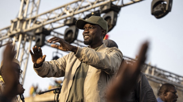 Le chef de l'opposition sénégalaise Ousmane Sonko lors d'un meeting, le 14 mars 2023 à Dakar.