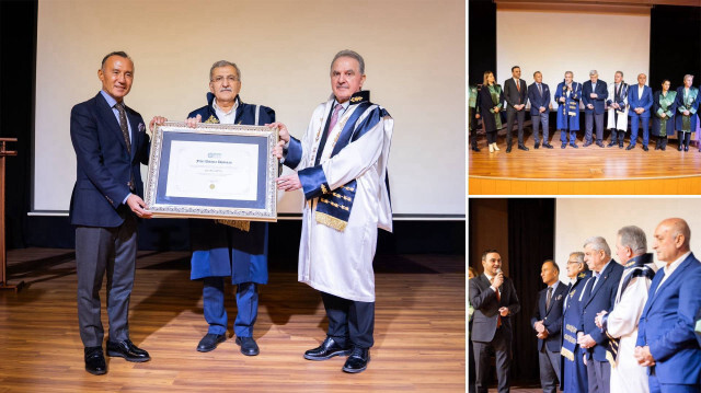 Prof. Dr. Muzaffer Elmas, Murat Aydın’a Fahri Doktora diplomasını takdim etti.
