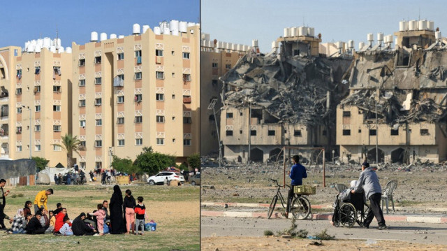 Cette combinaison d'images montre des résidents du complexe résidentiel Hamad Town à Khan Younès, dans le sud de la bande de Gaza, avant et après les frappes israéliennes le 2 décembre 2023. 