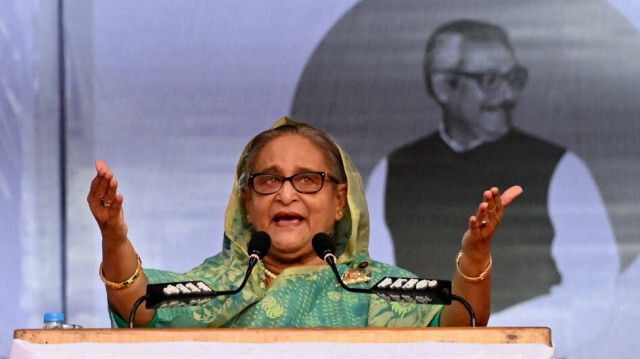 La Première ministre du Bangladesh, Sheikh Hasina, s'adressant à un rassemblement lors d'une campagne électorale à Sylhet le 20 décembre 2023, en prévision des élections générales.