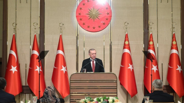 Le Président turc, Recep Tayyip Erdogan s'adressait à des maires de quartier et de village, dans une réunion à Ankara en Turkiye, le 28 décembre 2023.