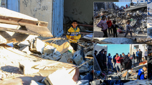 <p>Bölge sakinleri, saldırıda yıkılan binanın enkazında arama kurtarma çalışması başlattı.</p>