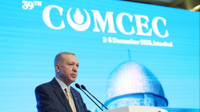 Le Président de la République de Türkiye, Recep Tayyip Erdogan à la 39e session ministérielle du Comité permanent pour la coopération économique et commerciale de l'Organisation de la Coopération Islamique (COMCEC), le 04 décembre 2023.