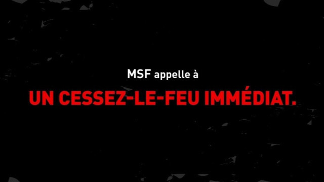 Affiche de campagne de l'organisation internationale Médecins sans frontières (MSF) qui appelle à un cessez-le-feu dans la Bande de Gaza.