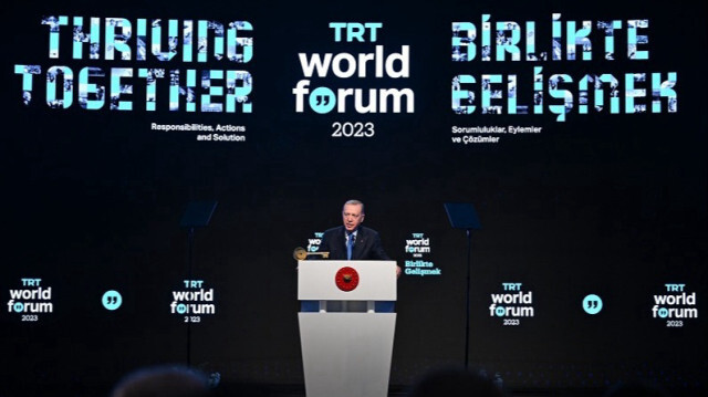 Le Président turc, Recep Tayyip Erdogan fait des déclarations lors de l'inauguration du "TRT World Forum 2023", le 08 décembre 2023.