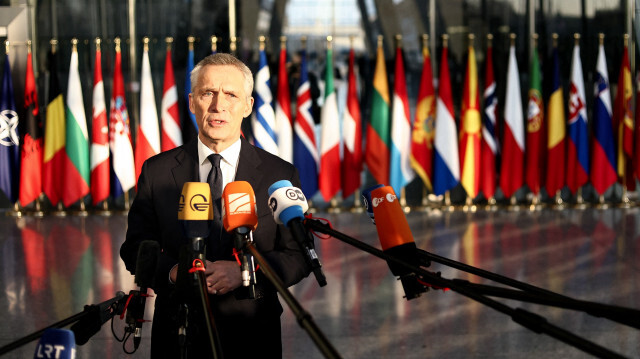 Le secrétaire général de l'OTAN, Jens Stoltenberg, à son arrivée pour une réunion de deux jours des ministres de la Défense de l'alliance au siège de l'OTAN à Bruxelles, le 14 février 2023. Crédit photo: KENZO TRIBOUILLARD / AFP