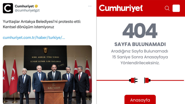 Cumhuriyet Gazetesi, 2017 yılında yaptığı 'Yurttaşlar Antakya Belediyesi'ni protesto etti: Kentsel dönüşüm istemiyoruz' haberini web sitesinden kaldırdı.