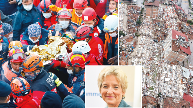 Birleşmiş Milletler Kalkınma Programı (UNDP) Türkiye Yerleşik Temsilcisi Louisa Vinton ve deprem fotoğrafları. 