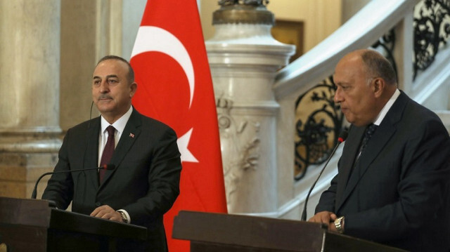 Turkish Foreign Minister Mevlut Cavusoglu (L) holds a press meeting with his Egyptian counterpart Sameh Shoukry (R) following the interdelegation meeting in Cairo, Egypt on March 18, 2023.