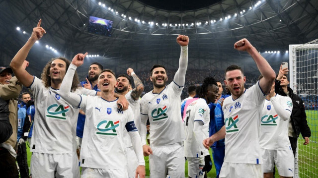 Les joueurs de l'OM lors de leur victoire contre le PSG en coupe de France. Crédit photo : NICOLAS TUCAT / AFP