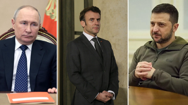 Rusya Devlet Başkanı Vladimir Vladimiroviç Putin, Fransa Cumhurbaşkanı Emmanuel Macron, Ukrayna Devlet Başkanı Volodimir Oleksandroviç Zelenski.