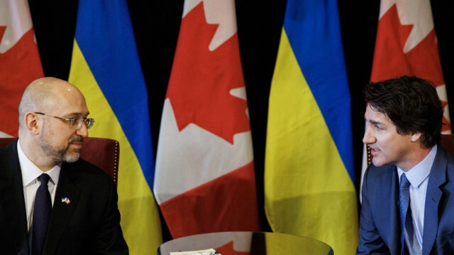 Le Premier ministre canadien, Justin Trudeau et son homologue ukrainien, Denys Shmyhal. Crédit photo: Cole BURSTON / AFP