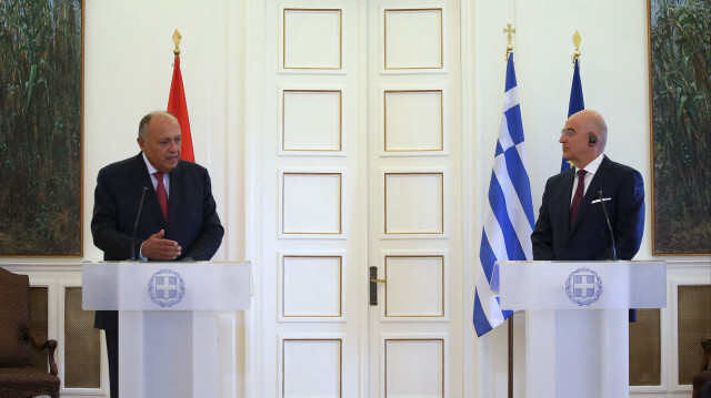 Greek Foreign Minister Nikos Dendias and Egyptian Foreign Minister Sameh Shoukry attend a joint news conference after a meeting at the Ministry of Foreign Affairs in Athens, Greece on April 11, 2023.