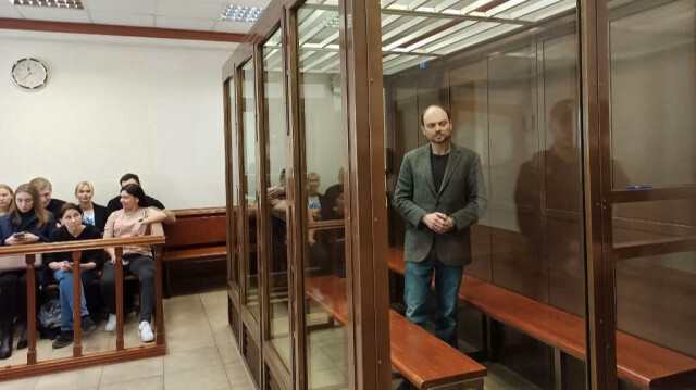 L'opposant Vladimir Kara-Murza, au tribunal de Moscou le 17 avril 2023. Crédit Photo: Handout / Moscow City Court press service / AFP 