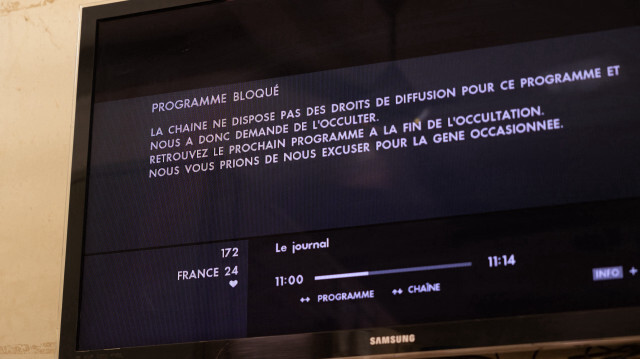 Le message diffusé par la télévision suite au blocage de France 24 au Burkina Faso. Crédit Photo: OLYMPIA DE MAISMONT / AFP