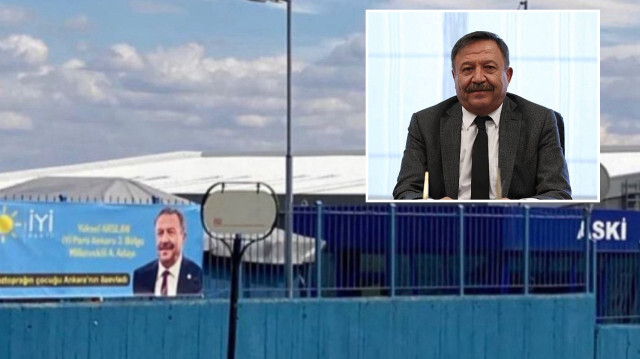 İYİ Parti'den milletvekili aday adayı olan Yüksel Arslan, kamu binasına pankart astırdı.