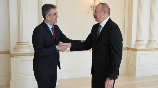 President of Azerbaijan Ilham Aliyev meets Israeli Foreign Minister Eli Cohen in Baku, Azerbaijan on April 19, 2023.