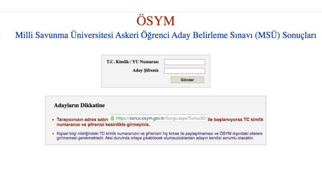 Milli Savunma Üniversitesi Askeri Öğrenci Aday Belirleme Sınavı (MSÜ) Sonuçları