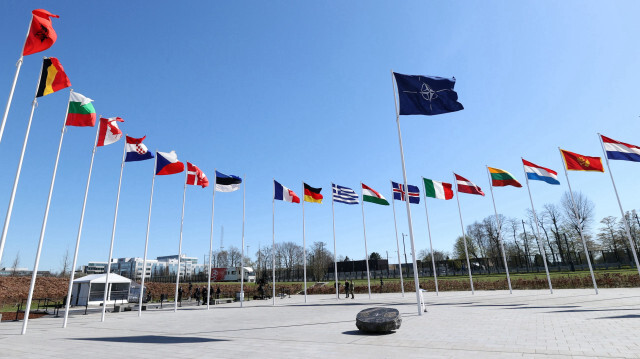 A view of the flags of The North Atlantic Treaty Organization (NATO) countries in Brussels, Belgium on April 03, 2023. Finland will become a full-fledged member of NATO on Tuesday and its flag will be raised at the alliance’s headquarters, NATO Secretary General Jens Stoltenberg said on Monday.