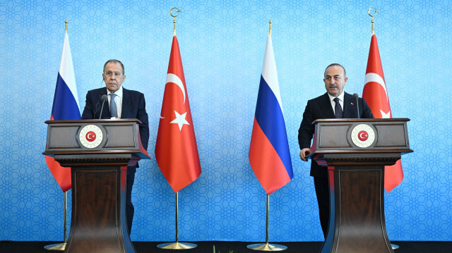 Russian Foreign Minister Sergey Lavrov and Turkish Foreign Minister, Mevlut Cavusoglu give a joint news conference following talks in Ankara, Turkiye on April 07, 2023.