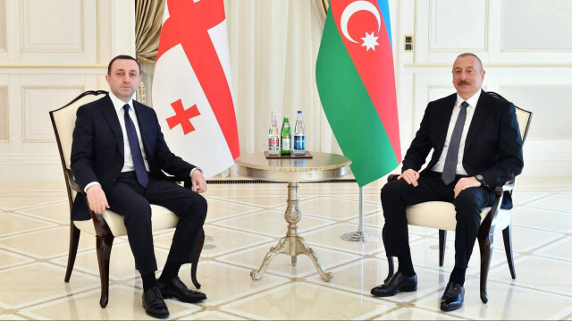 Azerbaijani President Ilham Aliyev receives Georgian Prime Minister Irakli Garibashvili in Baku, Azerbaijan on April 07, 2023.