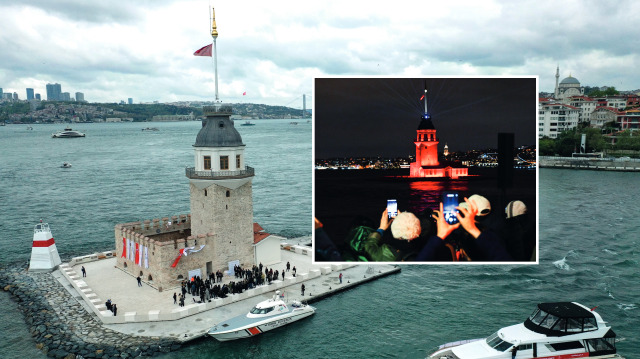 Kız Kulesi’nin dün saat 21.00’deki açılışı için ışık ve lazer gösterisi yapıldı.