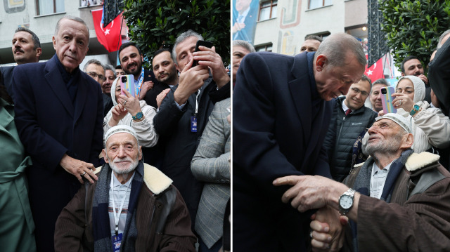 Cumhurbaşkanı Erdoğan, İstanbul Mitingi'nin sembolü 85 yaşındaki Hüseyin Bayraktar ile sohbet etti