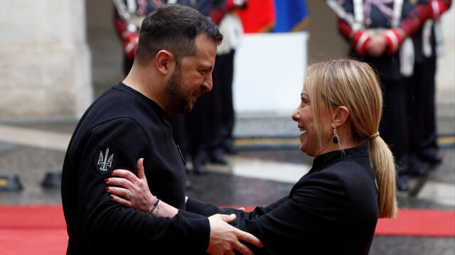 Italian Premier Giorgia Meloni welcomes Ukrainian President Volodymyr Zelenskyy at Chigi Palace government office in Rome, Italy, on May 13, 2023. 