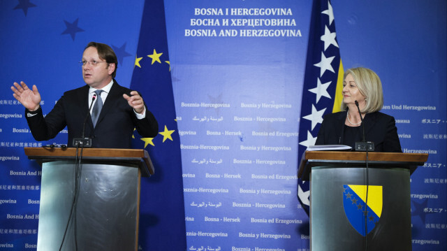 EU enlargement commissioner Oliver Varhelyi and Chair of the Council of Ministers of Bosnia and Herzegovina Borjana Kristo hold a joint news conference in Sarajevo, Bosnia and Herzegovina on May 17, 2023.